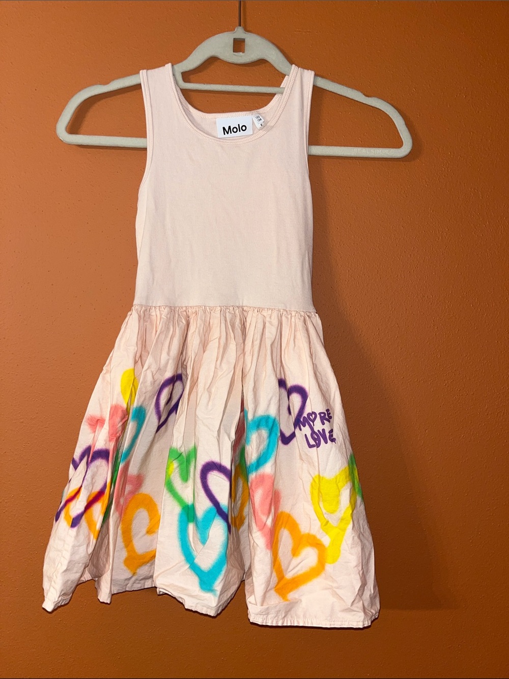 Molo Light Pink Sleeveless Dress with Multicolor Heart Spray 122/128. Size 7/8